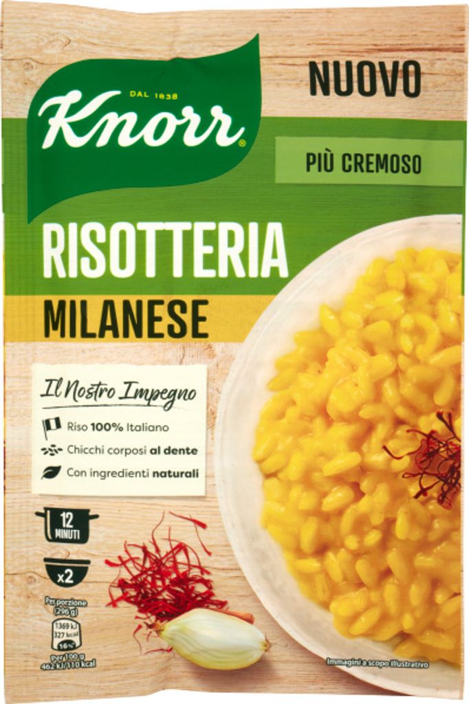 A product package for Knorr Risotteria Milanese, showing a bowl of risotto and saffron.