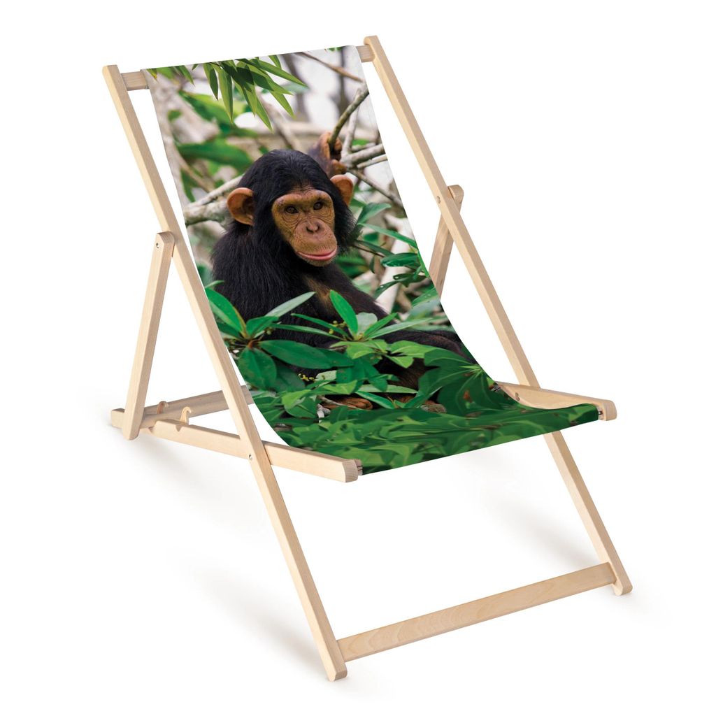 Holz Liegestuhl klappbar „Affe“ – Gartenstuhl Relaxstuhl Sonnenliege Balkon Terrasse Tiermotiv