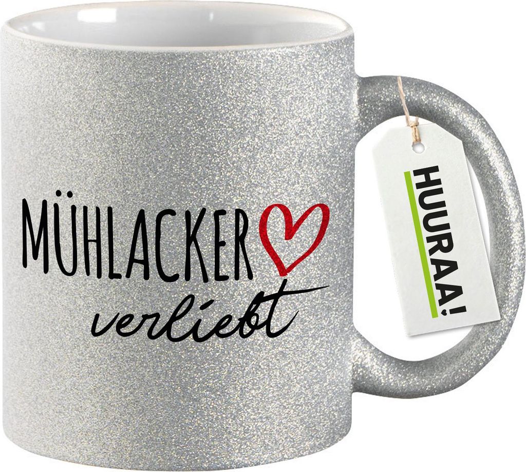 Huuraa Glitzertasse Mühlacker verliebt 330ml Silber Keramik Kaffeebecher Geschenkidee