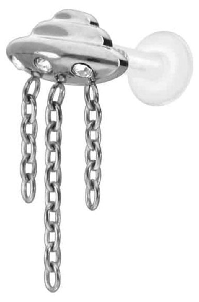 Ohrpiercing, Nasenpiercing PTFE Labret mit Innengewinde + Titan-Aufsatz UFO + KETTEN + KRISTALLE Silber Stablänge: 6mm | Stabstärke: 1,6mm