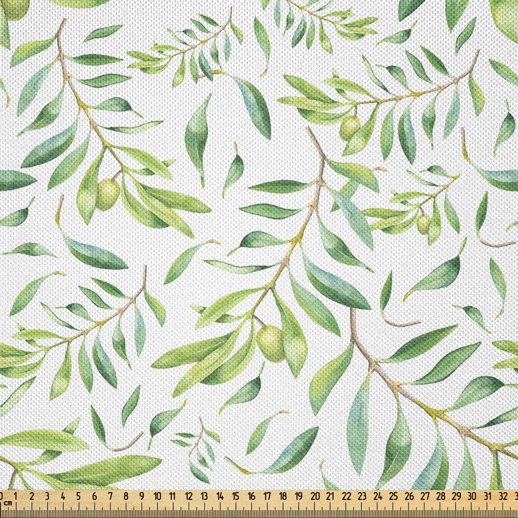 ABAKUHAUS Grünes Blatt Satin Stoff als Meterware, Aquarell-Art Olivenzweig-Mittelmeerbaum organisch, 3 M (148 x 300 cm), Avocadogrün