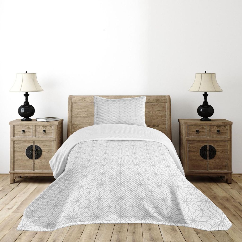 ABAKUHAUS Abstrakt Tagesdecke Set, Grundmuster von Verflechtende Blumenelemente in Monochrom Graustufen, 170 x 220 cm, Pale Taupe und Weiß