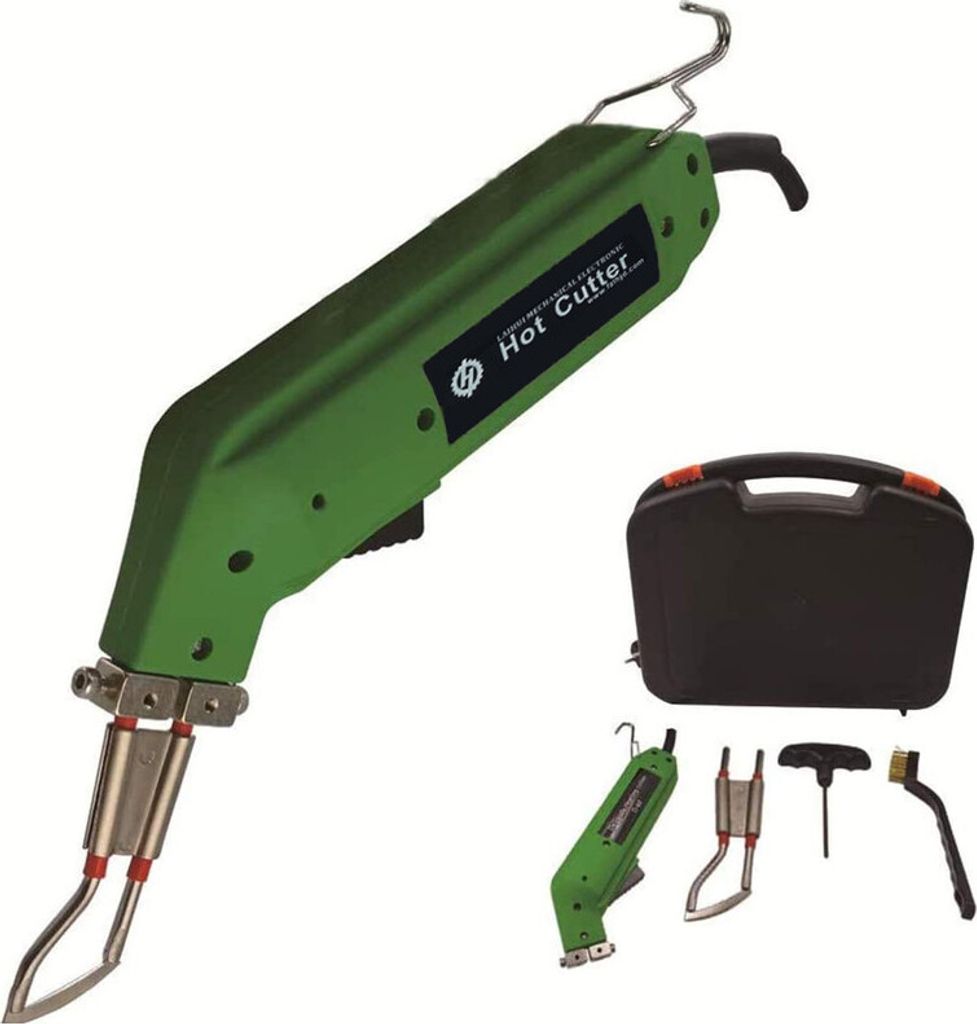 A green hot cutter tool and its accessories are displayed against a white background.