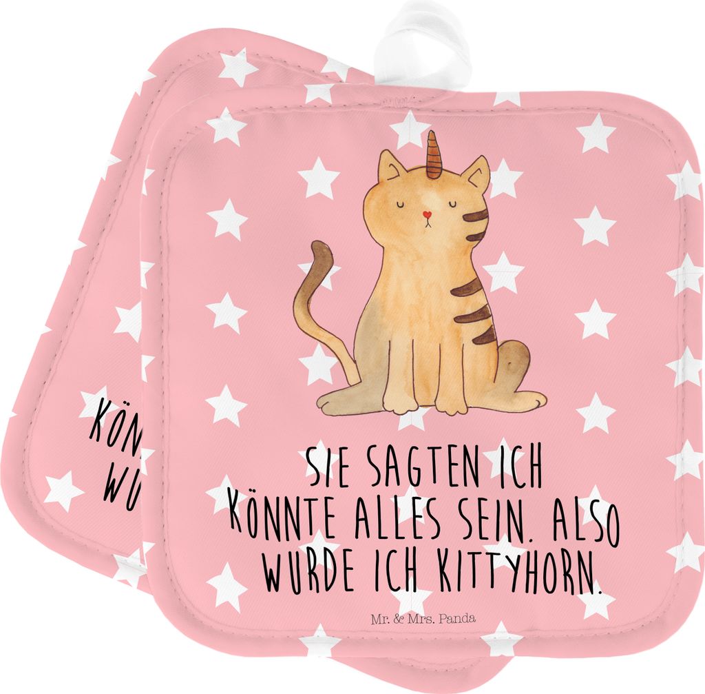 Mr. & Mrs. Panda Topflappen Einhorn Katze - Rot Pastell - Geschenk, Mieze, Set, Erwachsenwerden, Unicorn, Regenbogen, Kochlappen, topfhalter, Topfu...