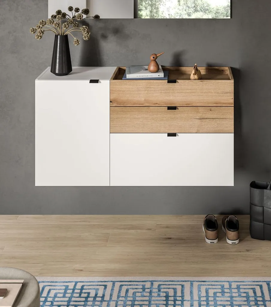 Buffet mural Naro blanc : solution rangement compact 2 tiroirs chic