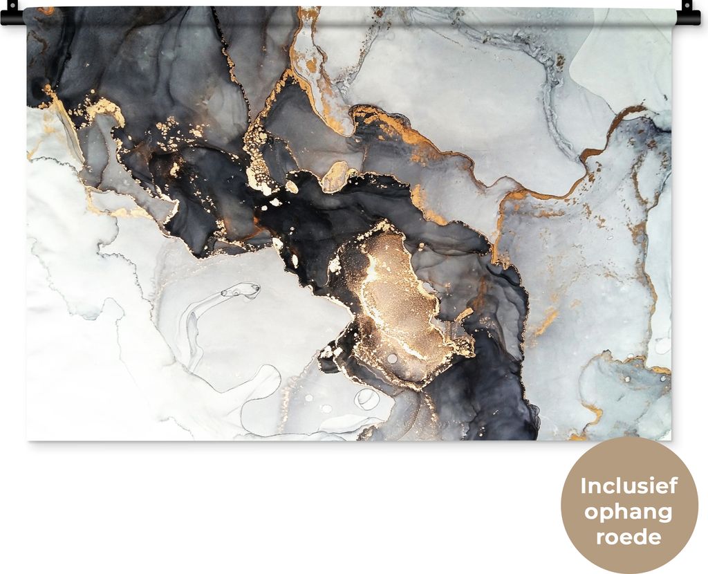 MuchoWow Wandteppich Wandbehang Marmor - Schwarz - Weiß - Gold - Luxus - Abstrakt 90x60 cm Tapisserie Dekoration Wandtuch - Wandskulpturen - Bil...