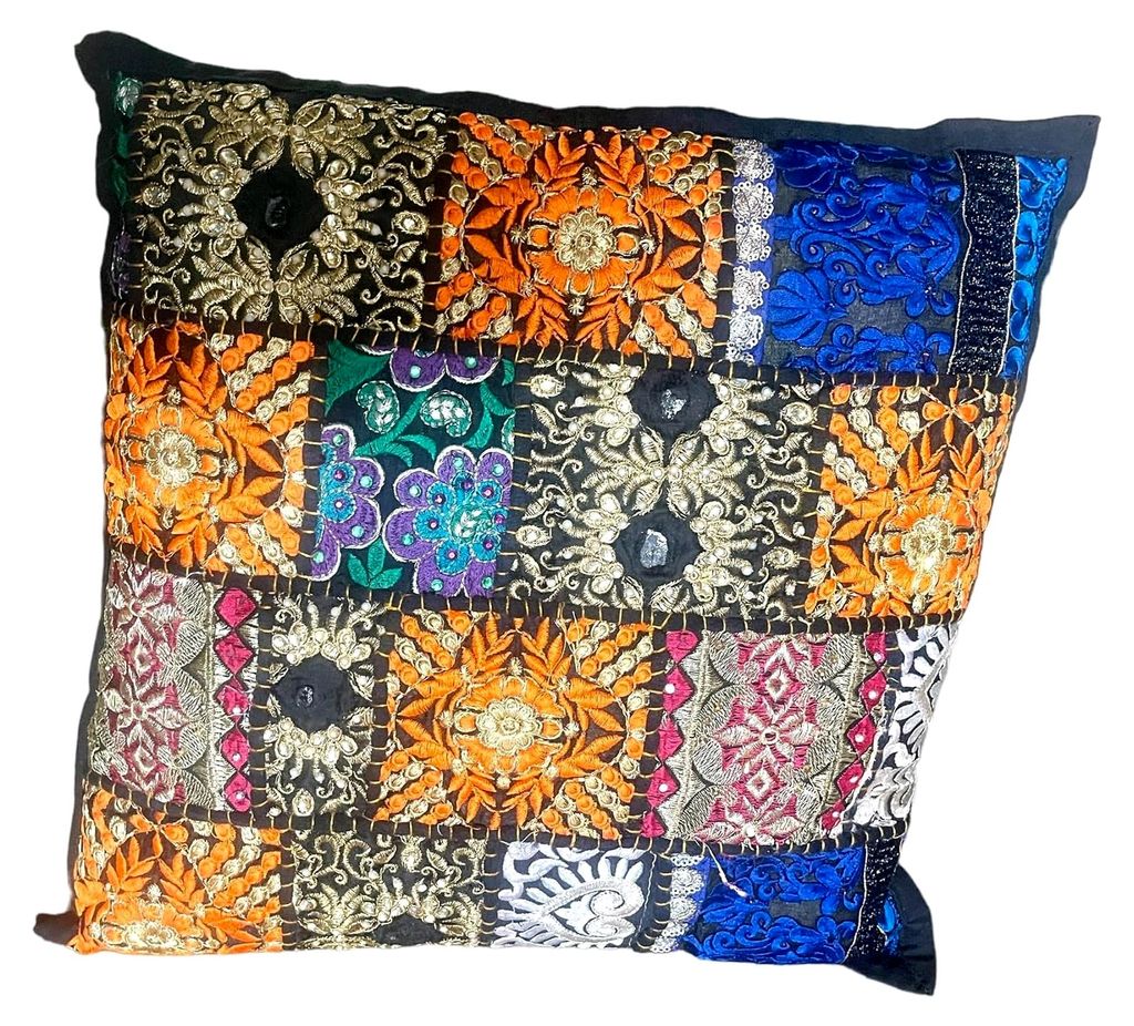 Bunt besticktes Kissen, Blau, Orange, Hell, Mehrfarbig, 40,6 x 40,6 cm