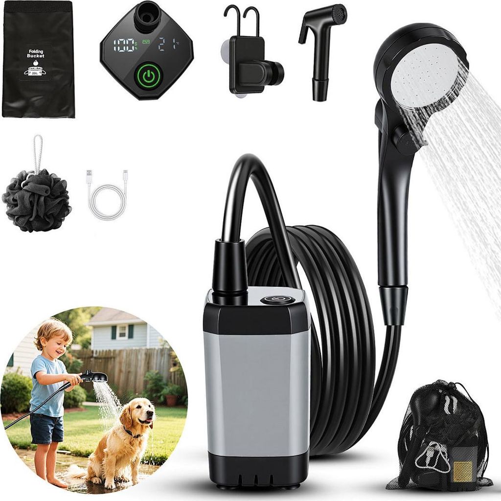 Vigevee Tragbare Campingdusche Akku mit Pumpe und Temperaturanzeige, Outdoor Set für Garten, Autowaschen, Strand mit 20L Falt-Eimer