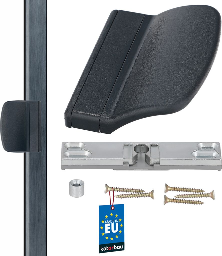 A collection of balcony door hardware components, including a handle, a mounting plate, screws, and a spacer, laid out against a white background.
