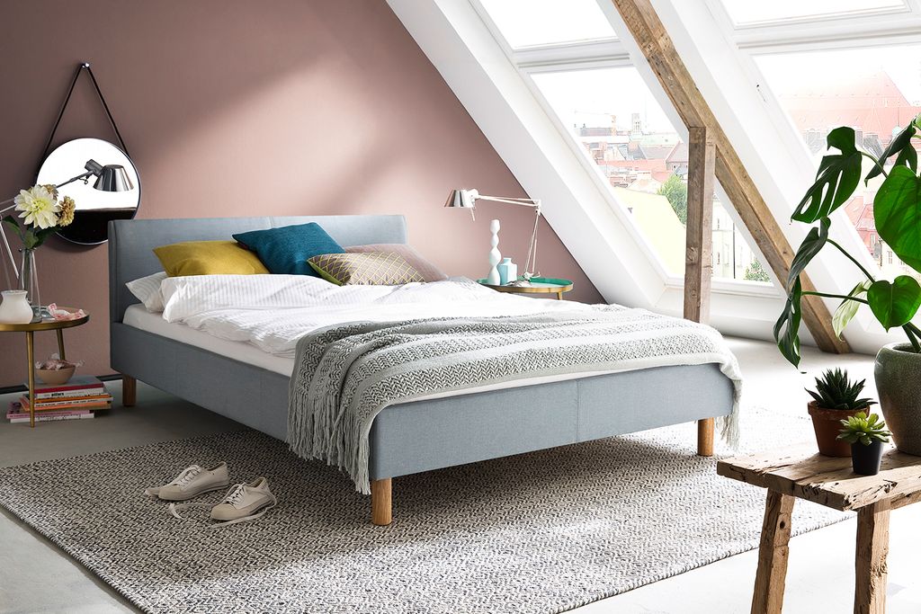 KAWOLA Bett LEO Polsterbett Stoff blau 140x200cm