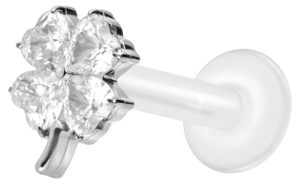 Ohrpiercing, Nasenpiercing PTFE Labret mit Innengewinde + Titan-Aufsatz KRISTALLKLEEBLATT Silber Stablänge: 10mm | Stabstärke: 1,6mm