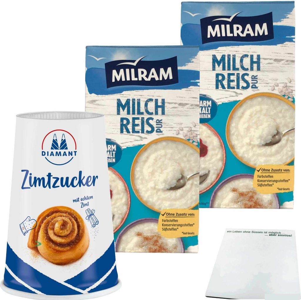Milram Milchreis pur (2x1kg Packung) + Diamant Zimtzucker mit echtem Zimt (200g Streuer) + usy Block