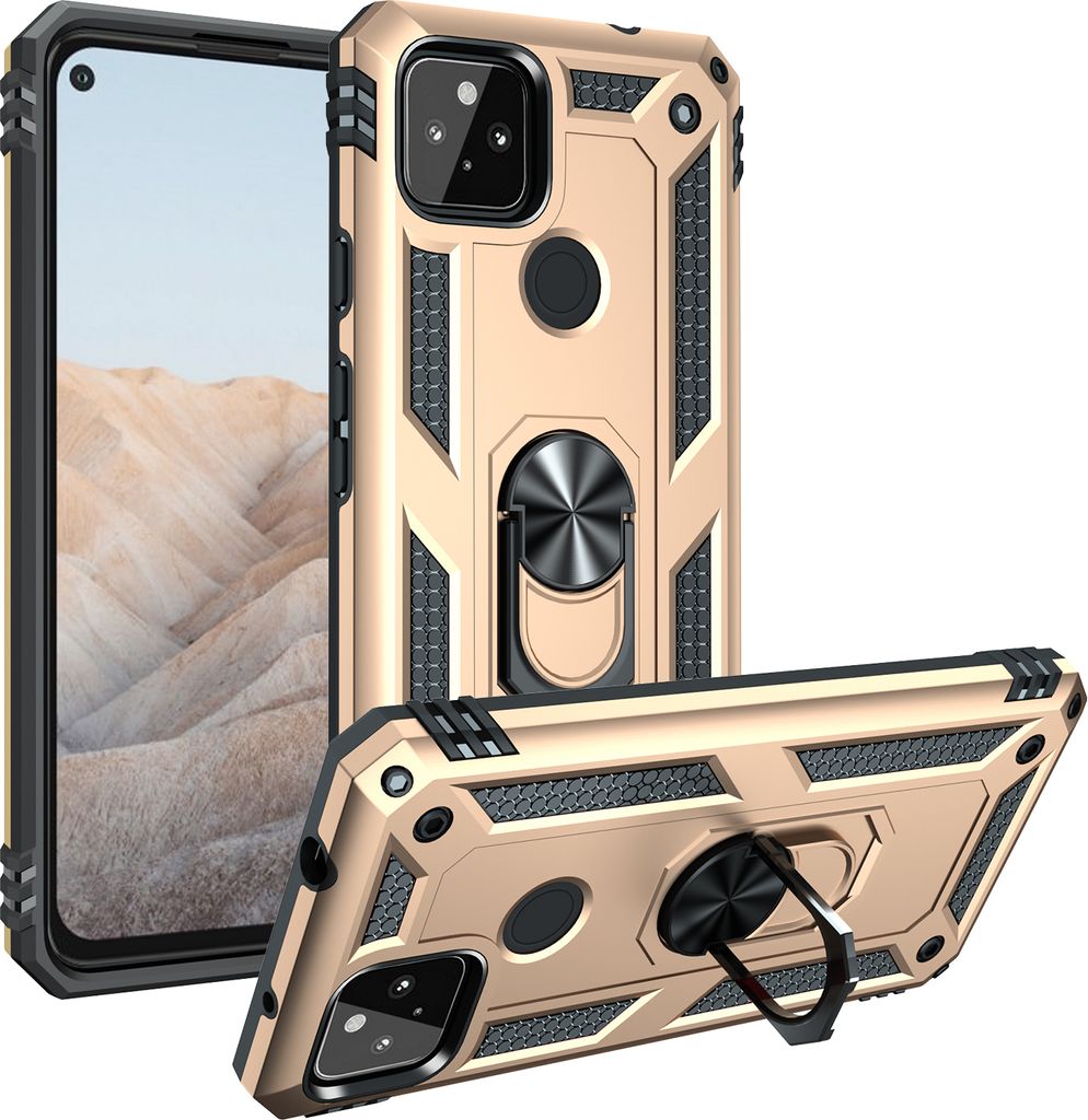Google Pixel 5A Hülle, Dual Layer Militäre Fallschutz Schutzhülle mit Ringhalterung Ständer für Google Pixel 5A Gold