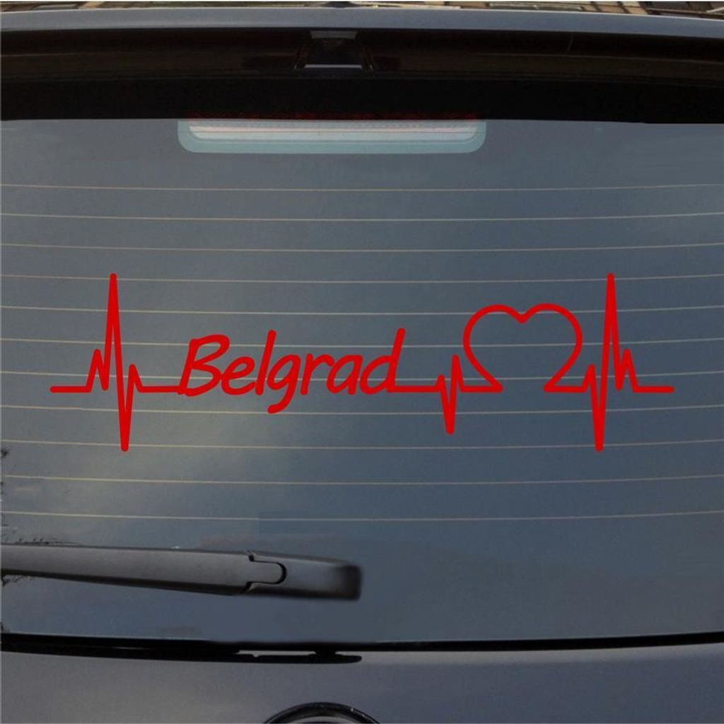 Heckscheibenaufkleber Belgrad Herzschlag Puls Stadt Liebe 55x16 cm Rot Auto Aufkleber Sticker