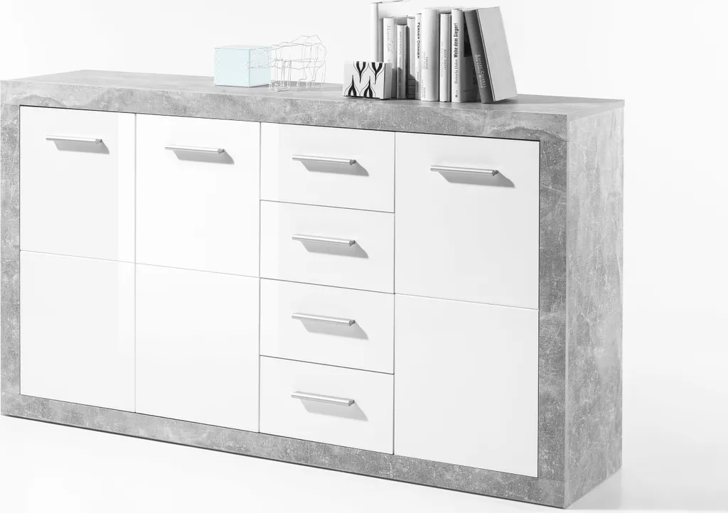 Bahut de salle à manger blanc et béton, meuble de rangement 152 cm