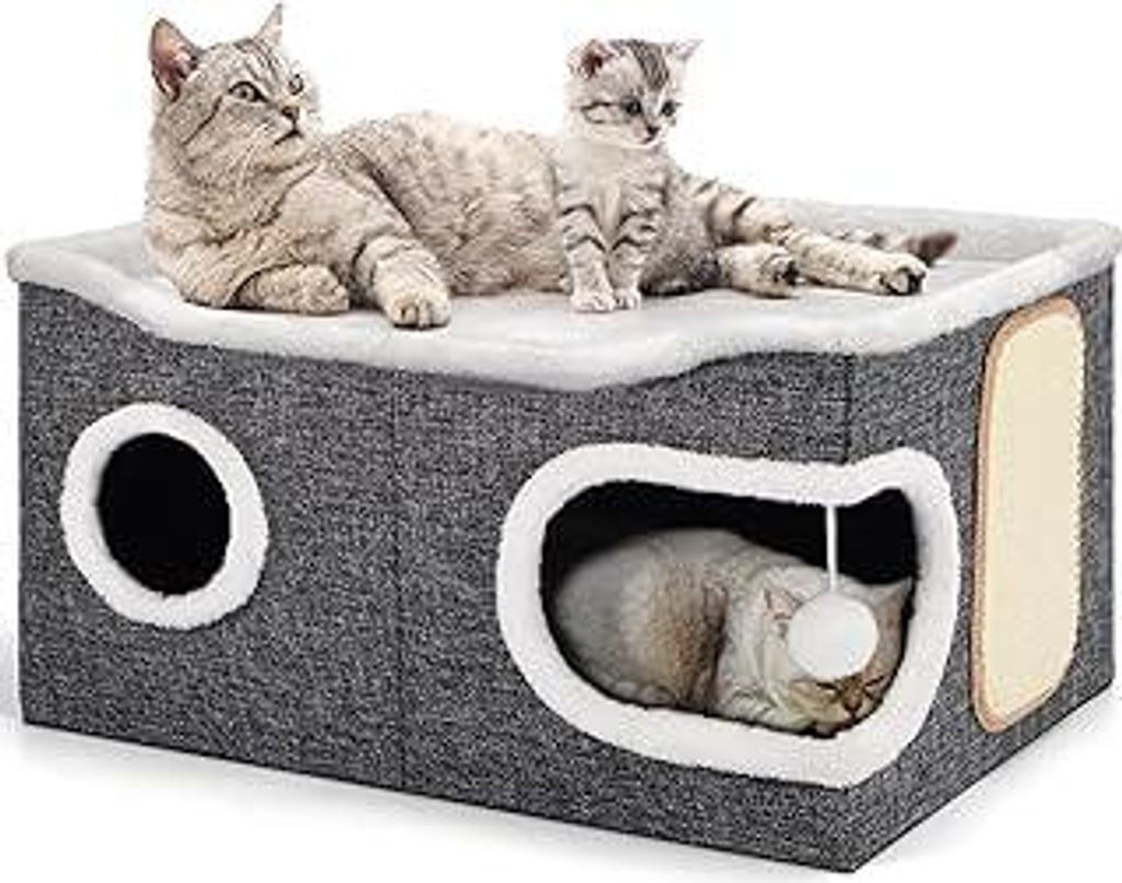 Shikha Faltbares Katzenhöhle, Katzenhaus Indoor große Katzen, 61T*45B*32H cm 2 Schicht Katzenwürfel, XXL Katzen höhle mit Kratzbrett und Spielb...