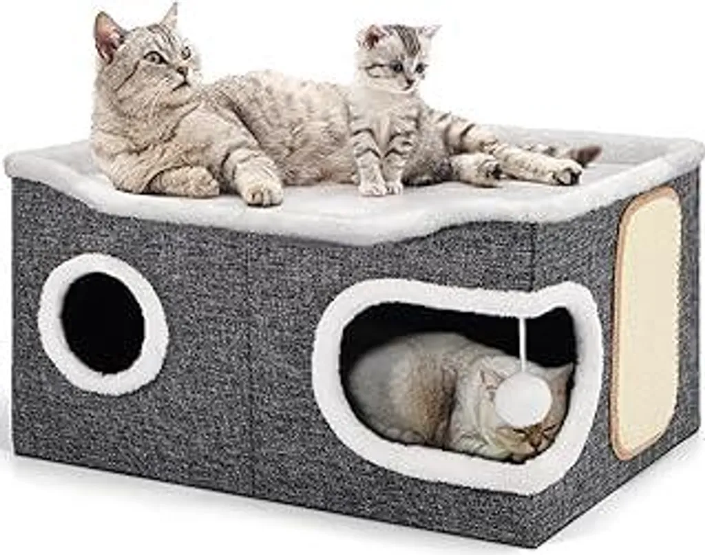 Shikha Cuccia pieghevole per gatti, cuccia per gatti da interno per gatti di grossa taglia, 61T*45B*32H cm Cubo per gatti a 2 livelli, cuccia XXL per gatti con tiragraffi e pallina, cuccia per gatti di piccola e media taglia