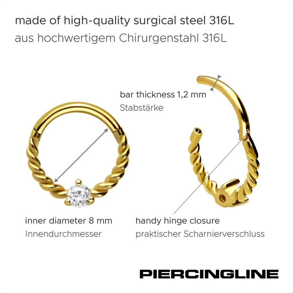 Ohrpiercing, Nasenpiercing, Septum Piercing Chirurgenstahl Segmentring Clicker KRISTALL + GEDREHT