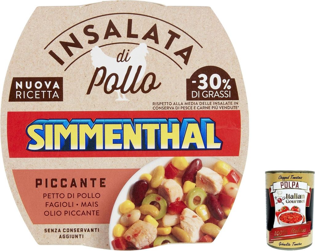 6x Simmenthal Piccante, Hähnchenbrustsalat mit grünen Cannellini-Bohnen, Mais und roten Bohnen, 160 gr + Italian Gourmet polpa 400g