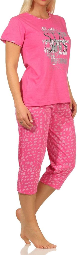 Damen kurzarm Capri Schlafanzug mit tollem Frontprint und 3/4-langer Caprihose ; pink , 48