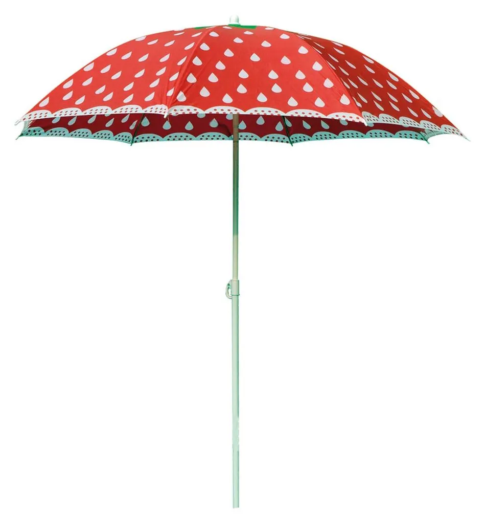 Parasol de plage 180 cm avec toile anti-UV motif fraise et mât acier
