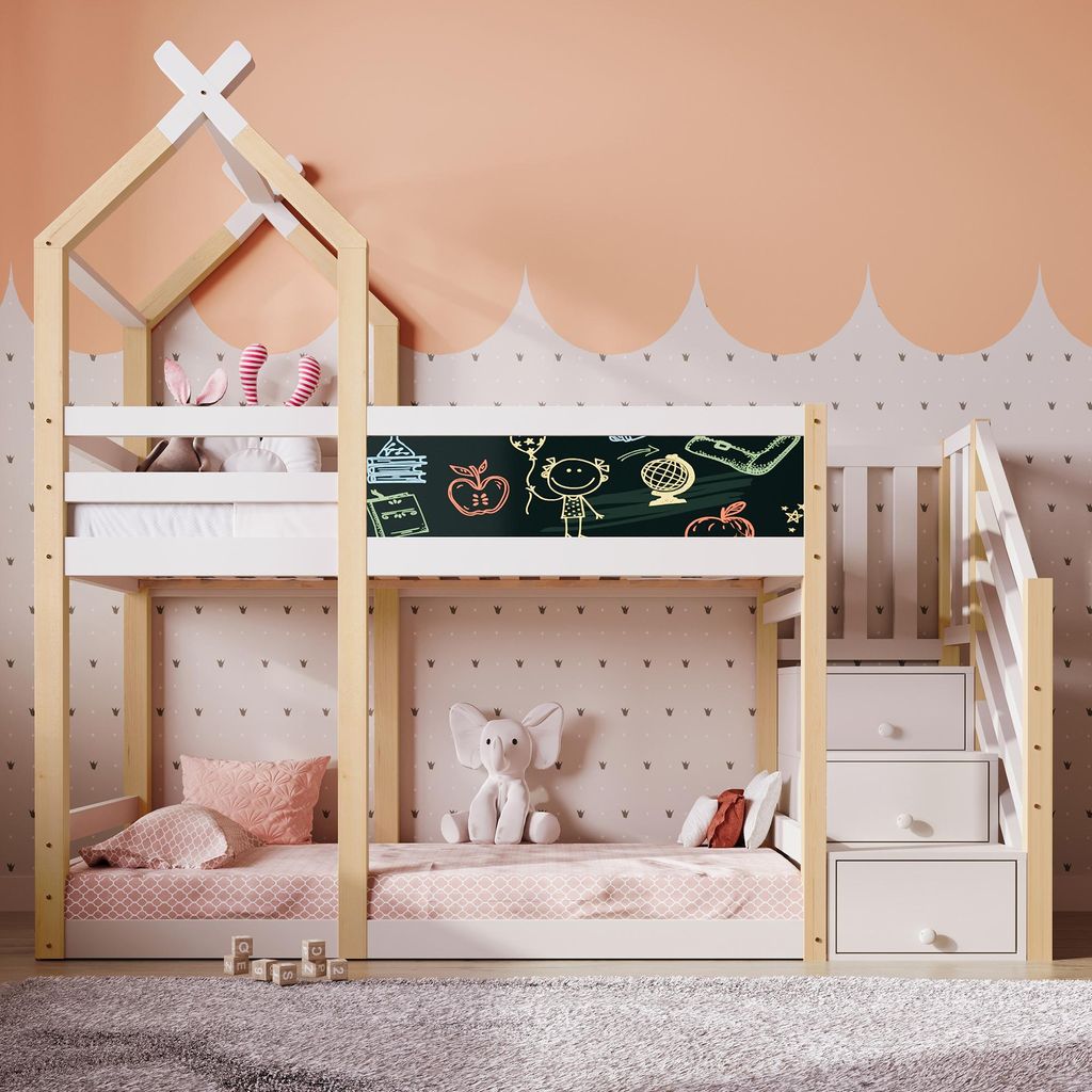 MODFU Etagenbett Kinderbett 90x200cm mit Tafel, Hochbett Produktbild 