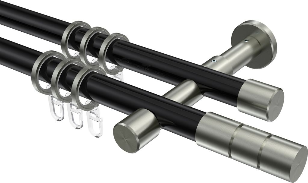 Interdeco Gardinenstange / Vorhangstange Schwarz / Edelstahl-Optik, Typ Prestige Elanto (Rillenzylinder), 20 mm Ø 2-läufig, 440 cm