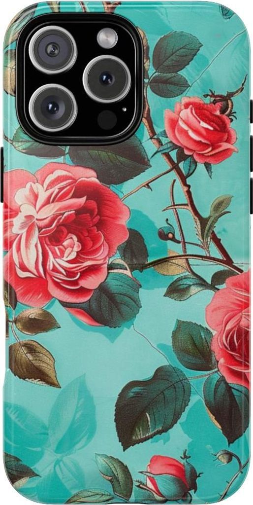Rote Rosen auf türkisfarbenem Hintergrund – Hülle Kompatibel mit iPhone 16 Pro Max