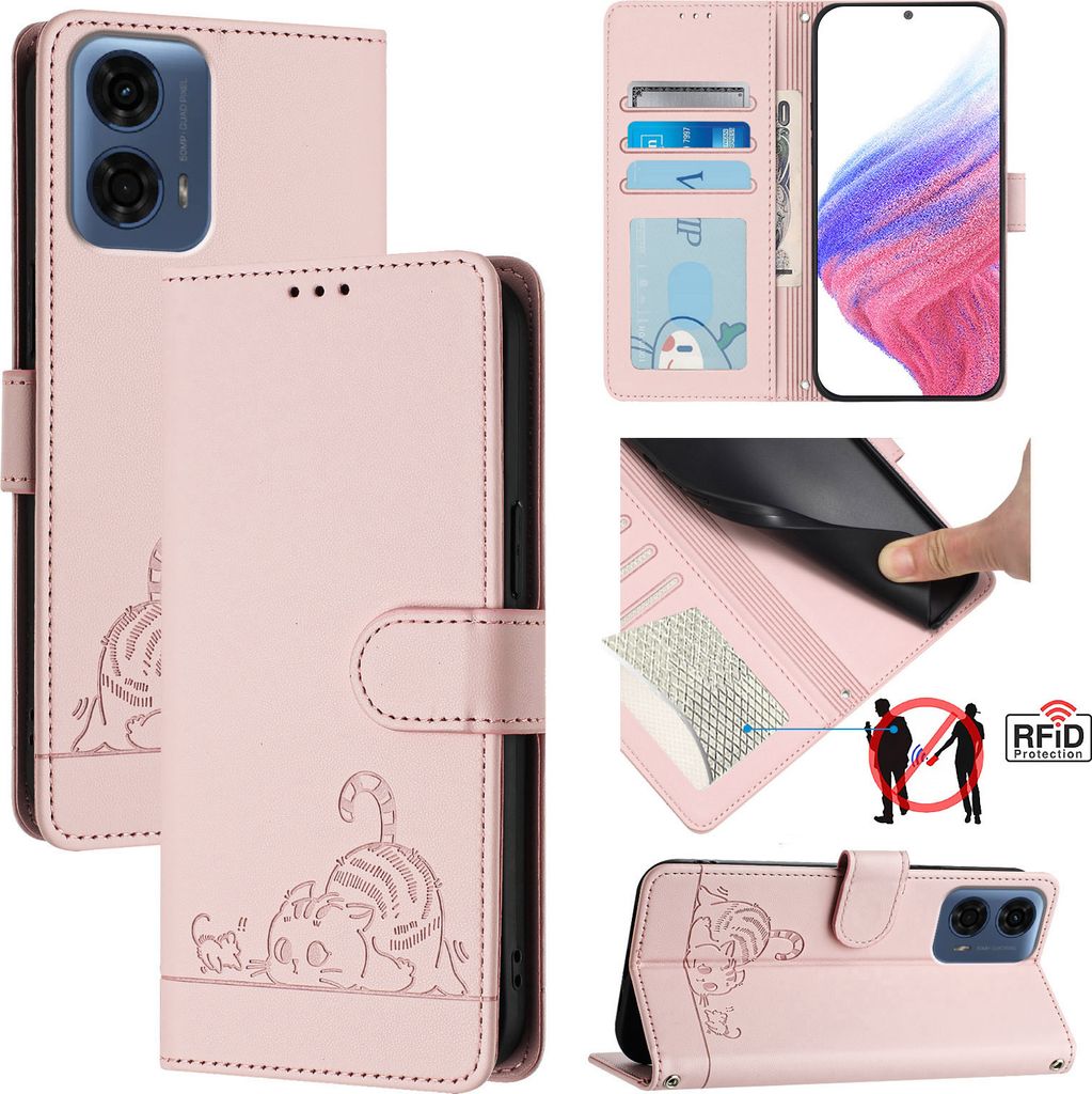 Leder Hülle für Motorola Moto G24 Power Süße Katze Flip Case Brieftasche Schutzhülle mit Standfunktion Pink