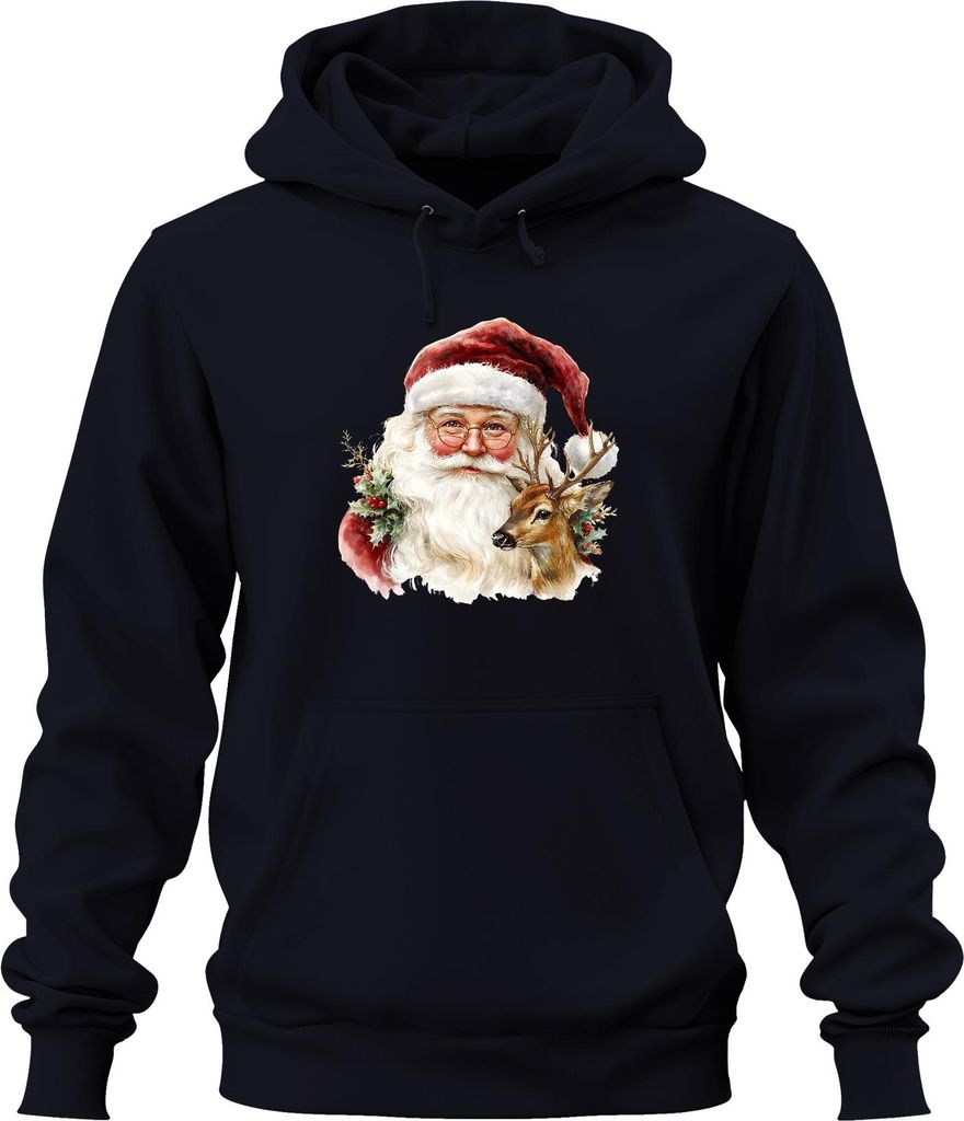 Weihnachtsmann Rentier Aquarell Vintage Geschenk Weihnachten Uni Hoodie Kapuzenpullover, Navy, XL