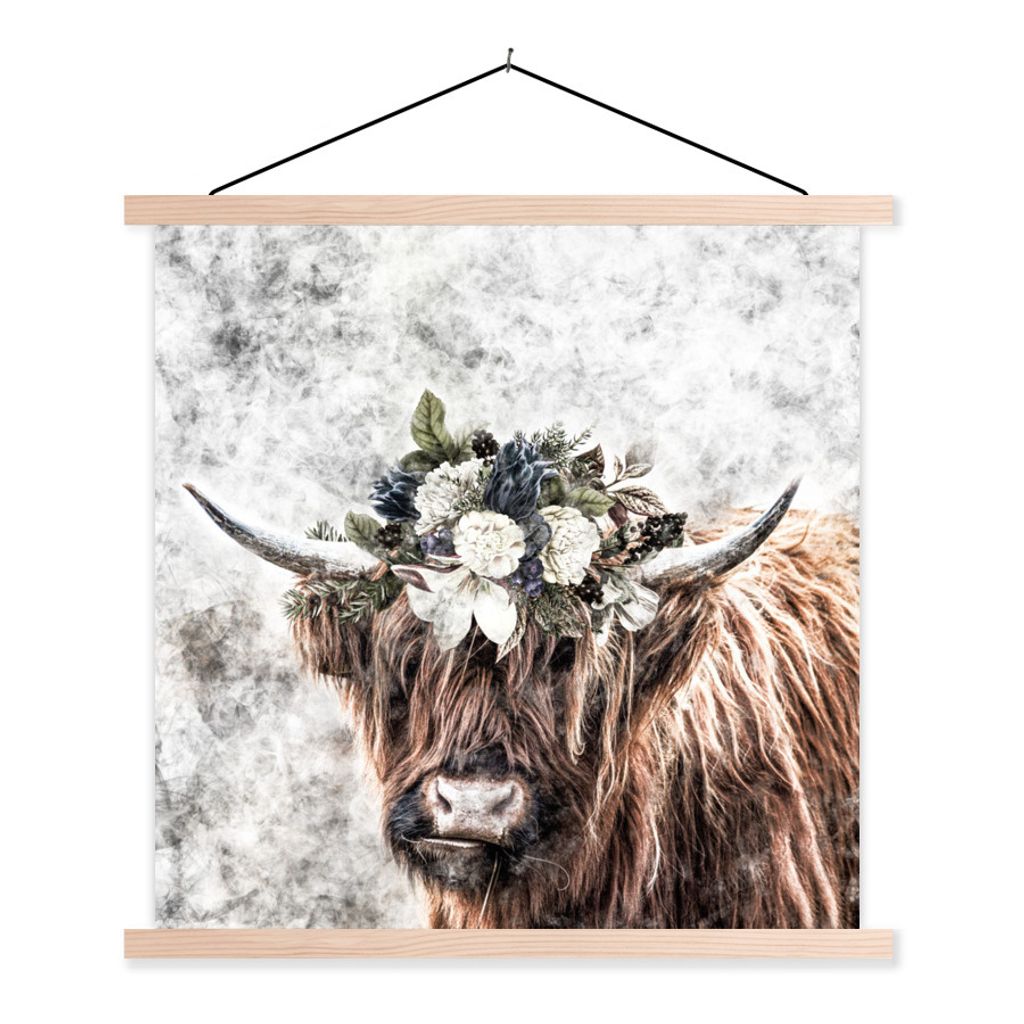 MuchoWow Textilposter Schottischer Highlander - Schottische Kuh - Blumen 60x60 cm mit holzfarbenen Rahmen - Wanddekoration