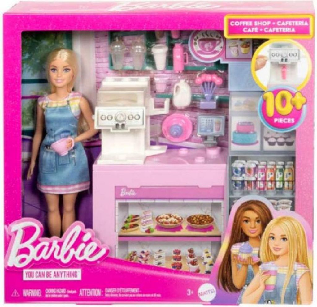A Barbie coffee shop playset in its packaging, featuring a Barbie doll and various accessories.