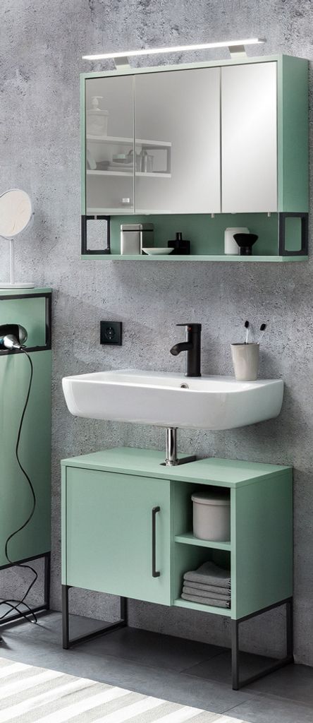 Badezimmer Waschtisch Set LIMOGES-80 in Mintgrün mit LED Beleuchtung, B/H/T: ca.70/200/33 cm