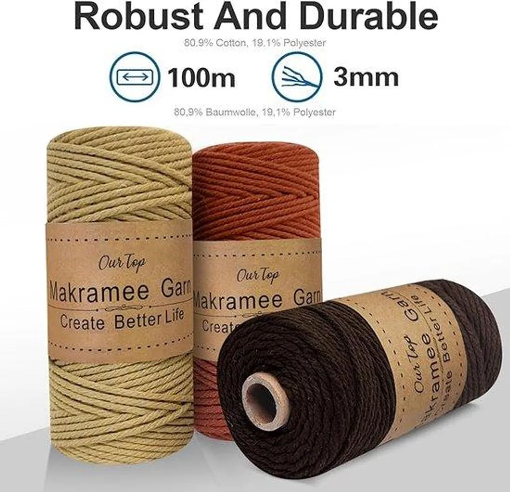 Cordon Macramé 3mm en Coton pour Suspension Plante et Tissage Mural