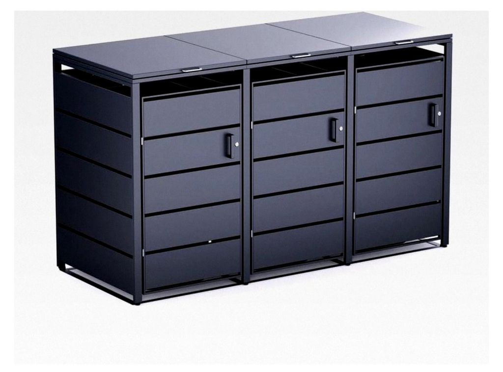 Mülltonnenbox für 3 x 240 L Tonnen, Outdoor Mülltonnenhaus aus verzinktem Stahl, abschließbare Türen, aufklappbares Dach mit Ketten, wetterfes...