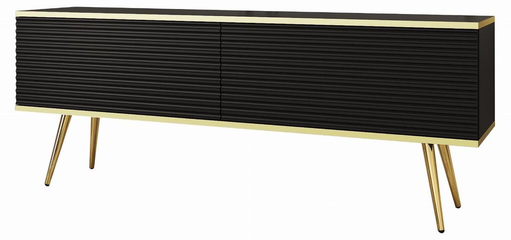 TV-Lowboard mit geriffelter Front MELI 135 cm Schwarz Gold geriffelter Front Fernsehschrank mit 2 Klappen, Wohnzimmer, TV-schrank, Medienmöbel