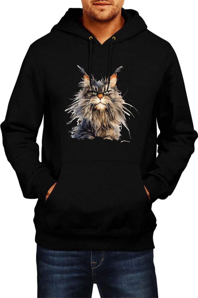 Herren Kapuzenpullover Funny Cats Breeds Maine Coon Cat 023, Man XL / Schwarz