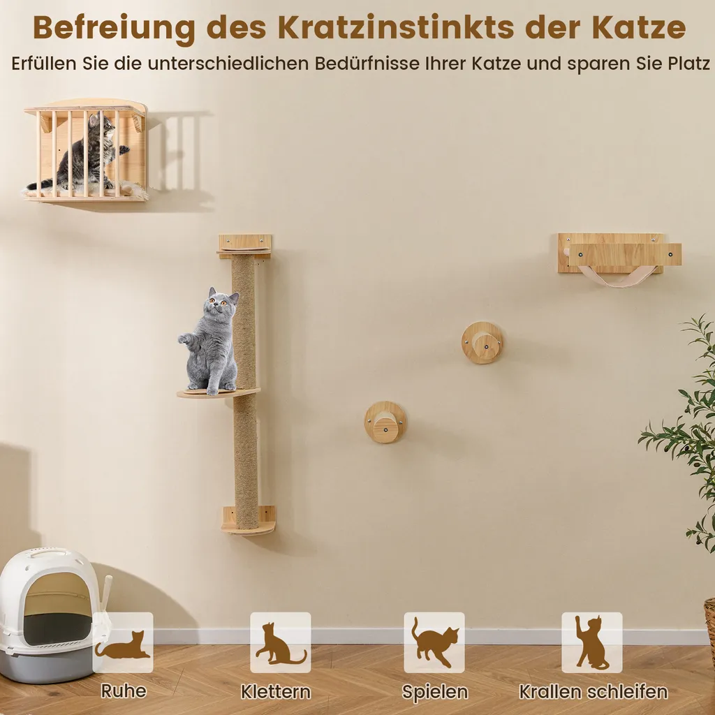 Arrampicata Gatti Parete COSTWAY 5 Pezzi: Design in Legno e Sisal - 4