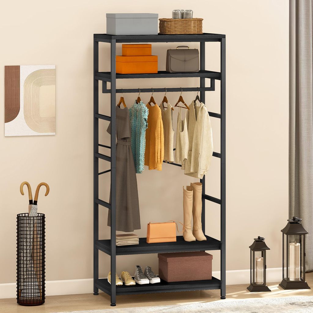 Garderobenständer mit Schuhablage, freistehender Garderobenständer mit 2 Ablagen, industrielle Kleiderstange