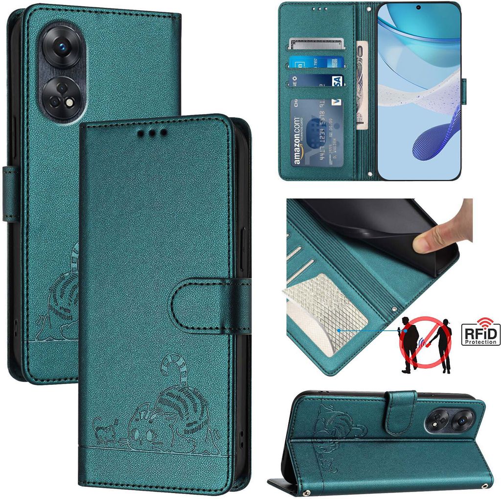 Leder Hülle für Oppo Reno8 T 4G Süße Katze Flip Case Brieftasche Schutzhülle mit Standfunktion Grün