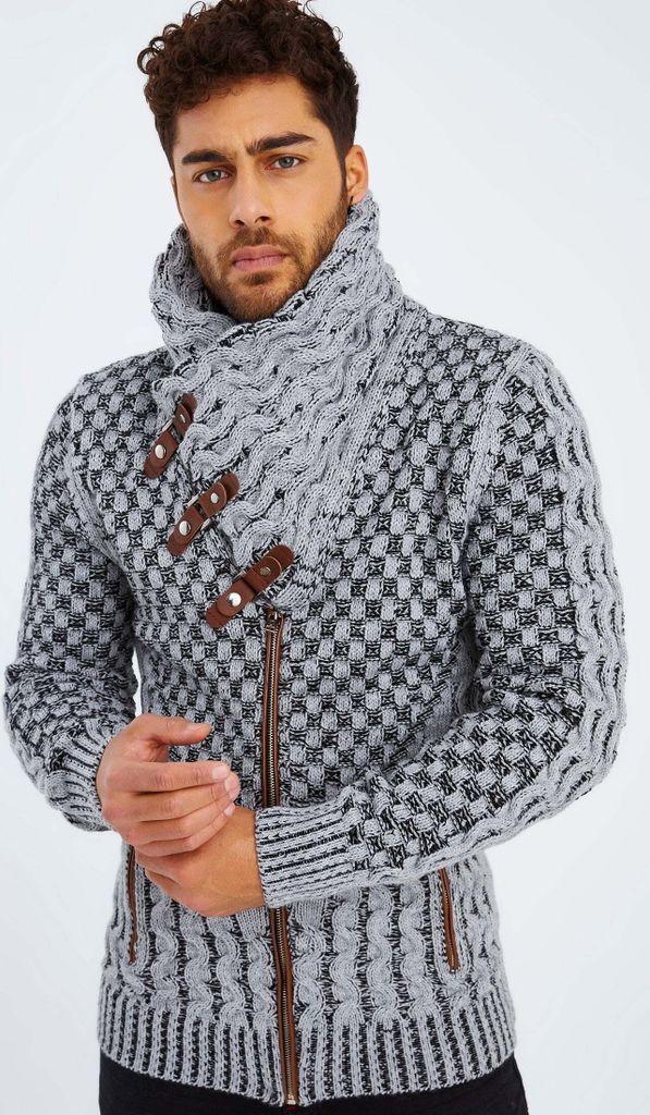 Leif Nelson Schalkragen Herren Strickjacke Schalkragen LN-5340, Grau Schwarz / S