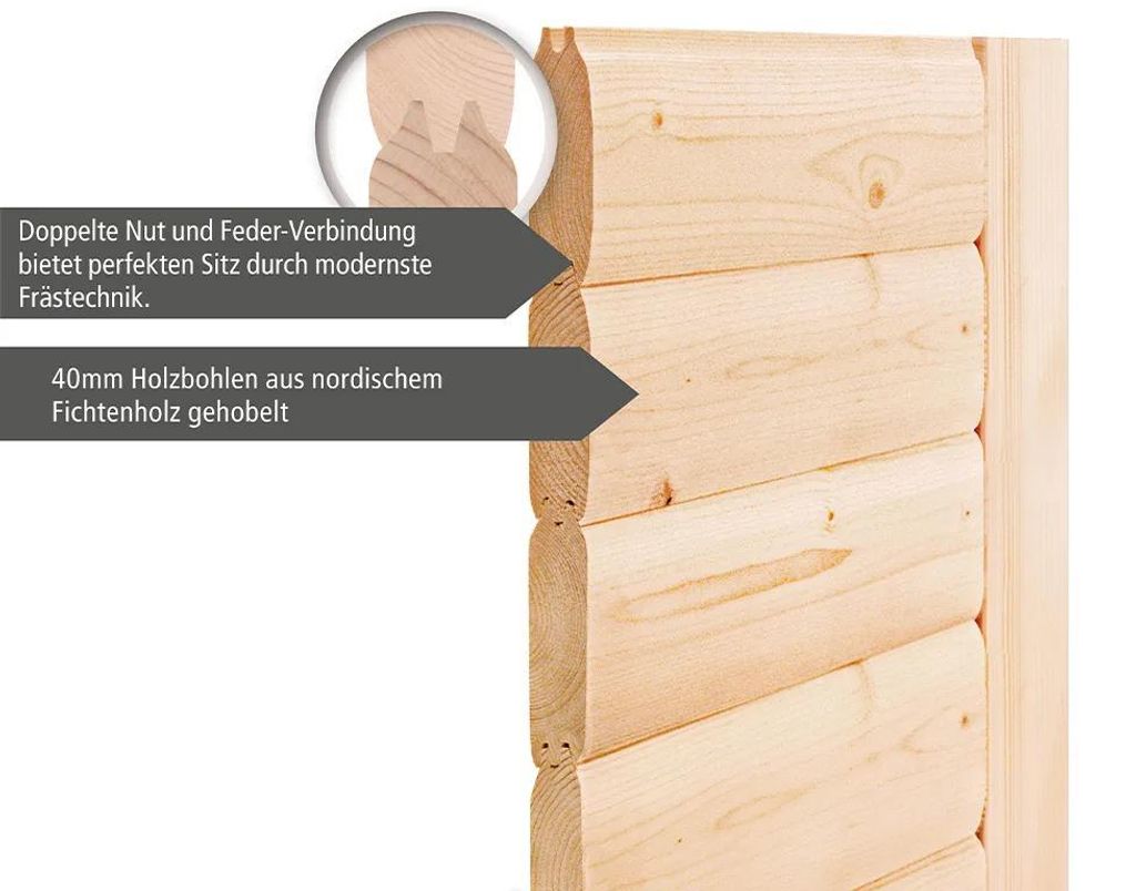 KARIBU Massivholzsauna Betty Premiumsauna für 2 3 Personen, 38 mm Fichtenholz, Innenraum Sauna mit Ganzglastür, 3 Espenholz Liegen, Dach Mineralw...