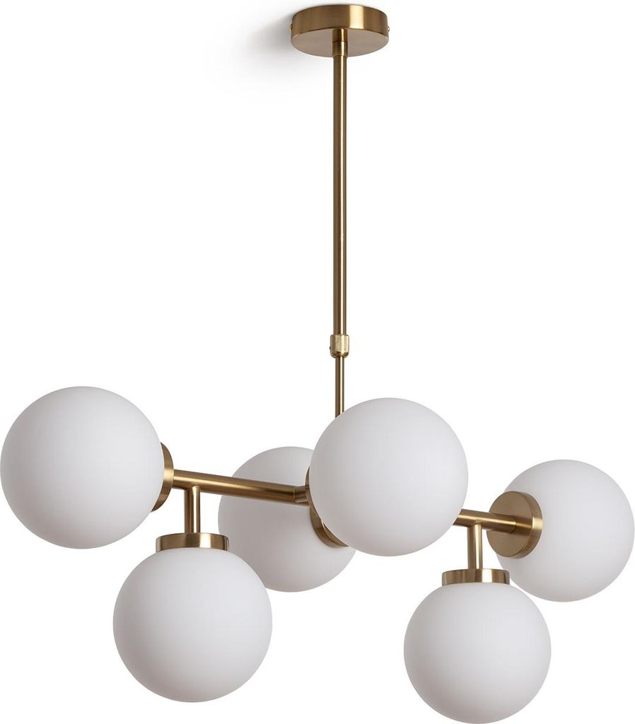 A modern pendant light with a gold metal frame and six white glass globes, suspended from a ceiling mount.