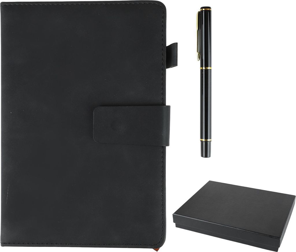 A5-Notizbuch, Kunstledereinband, glättend, tintenbeständig, dickes Papier, liniert, mit Stiftbox für Schule, Büro, Reisen, Schwarz