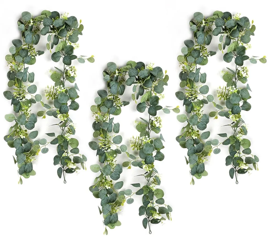 Couronne de verdure artificielle eucalyptus et fleurs blanches de 1,8 m