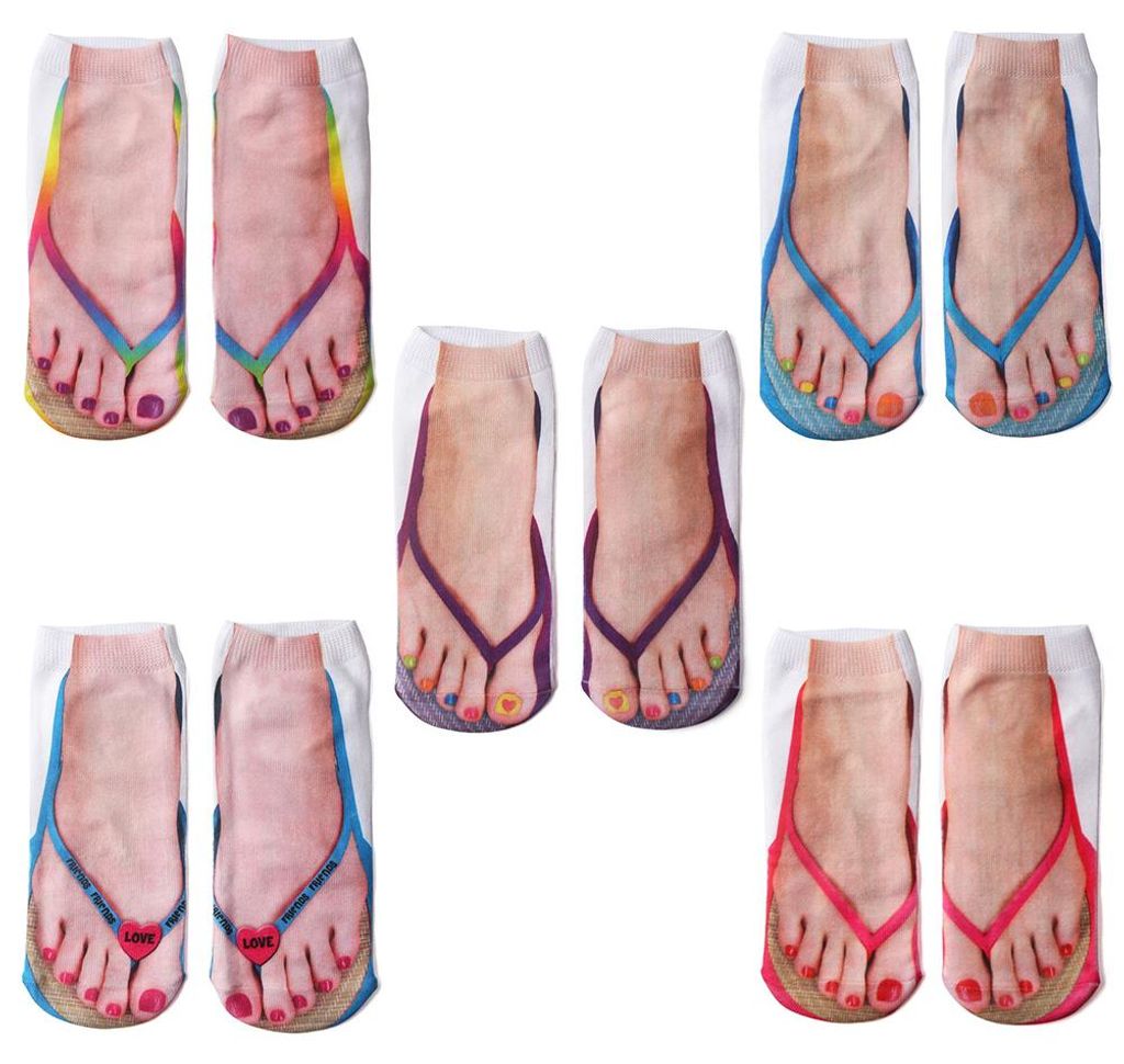 5 Paar dreidimensional bedruckte Socken mit Flip-Flops – rot + lila + blau + Liebesblau + Farbe – Einheitsgröße