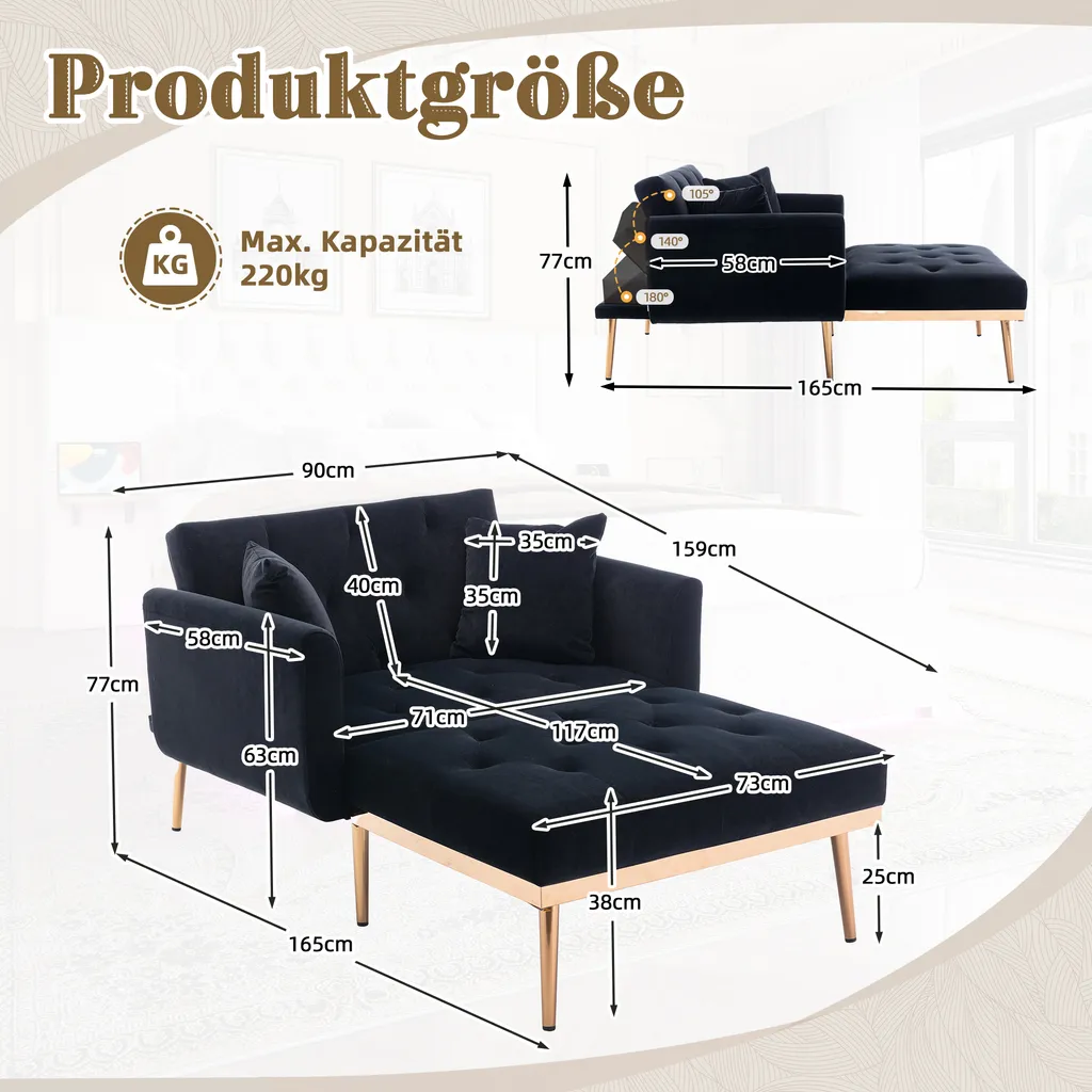 Lit d'appoint pliant et fauteuil de relaxation noir pour petit espace