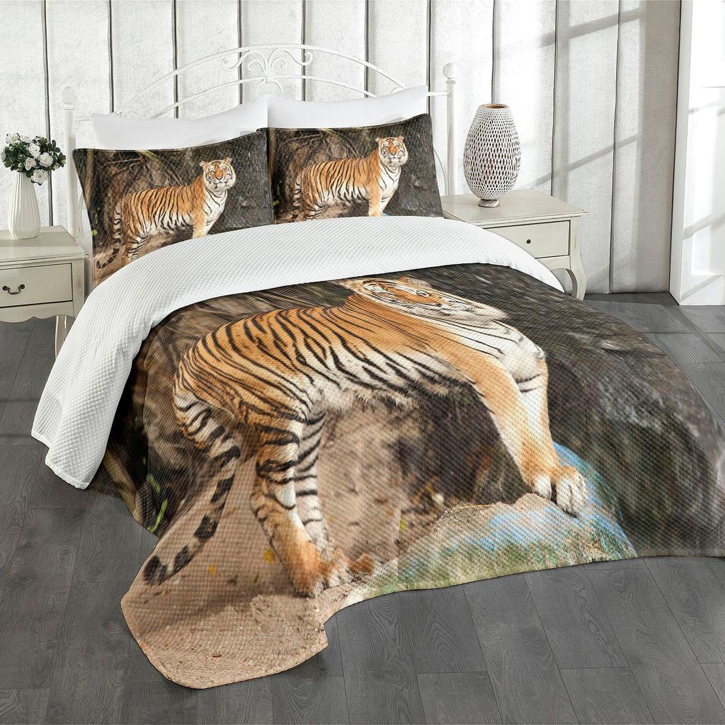 ABAKUHAUS Tiger Tagesdecke Set, Porträt eines Alarms und des verärgerten Königs Bengal Feline Staring an der Kamera im Höhlen-Druck, 220 x 220 ...