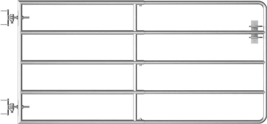 A silver metal gate with multiple horizontal bars, shown against a white background.