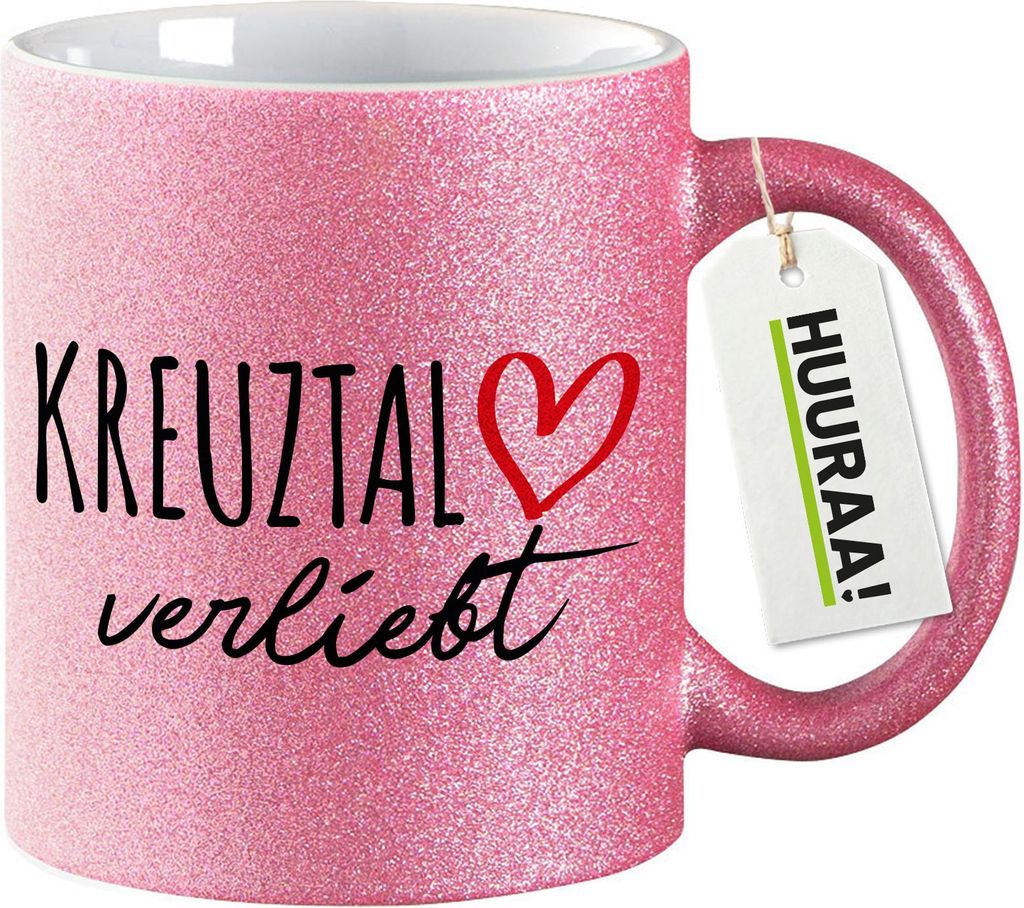 Huuraa Glitzertasse Kreuztal verliebt 330ml Pink Keramik Kaffeebecher Geschenkidee